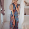 Boho Maxi Kleid Blau Blumenmuster mit Schlitz
