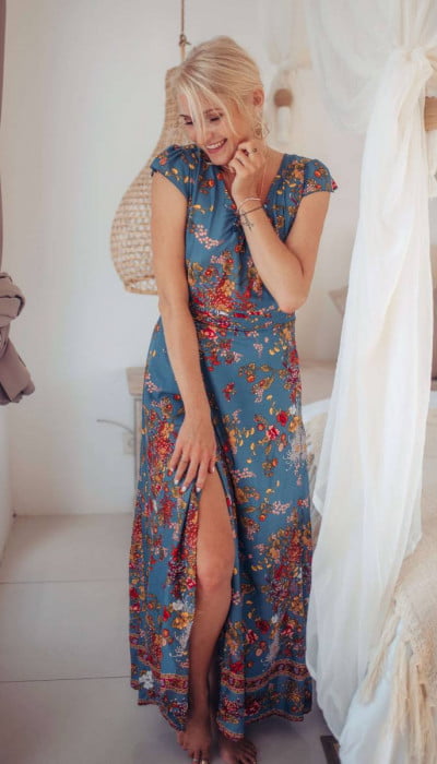 Boho Maxi Kleid Blau Blumenmuster Seitlich offen