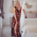 Boho maxi dress floral pattern brown with high slit