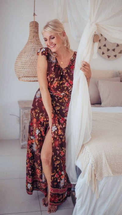 Boho maxi dress floral pattern brown with high slit