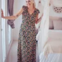 Boho Maxikleid mit Schlitz und tiefem Rückenausschnitt Sommerkleid mit Blumen Langes Sommerkleid