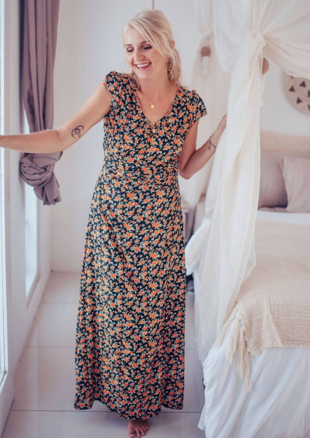 Boho maxi dress with slit and low back neckline Summer dress with flowers Long summer dress