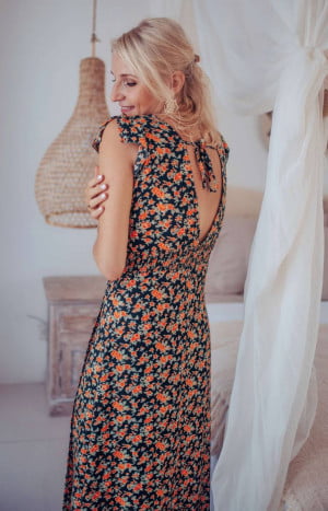 produkt bild Boho Maxikleid mit Schlitz und tiefem Rückenausschnitt Sommerkleid mit Blumen Sommer Kleid Rückenfrei