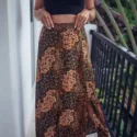 Boho buttoned maxi skirt with slits Haigh Waisted Folklore Bali Batik pattern