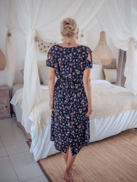 Product image Cut out dress asymmetrical knee length with flowers in dark blue rose print