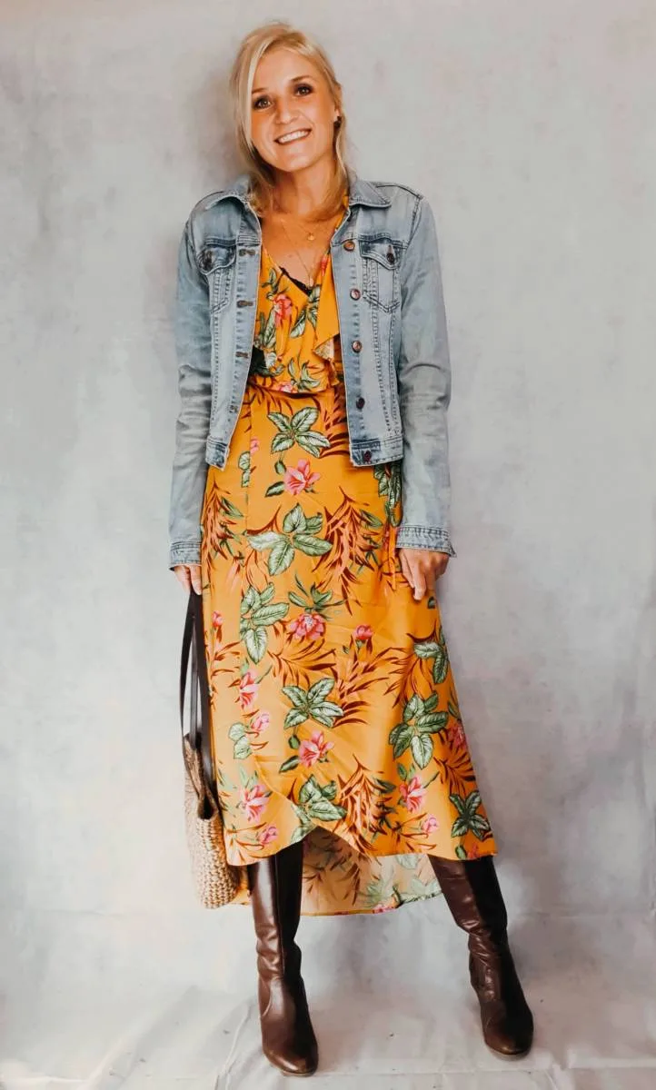 Outfit Inspo Yellow dress with denim jacket outfit for spring