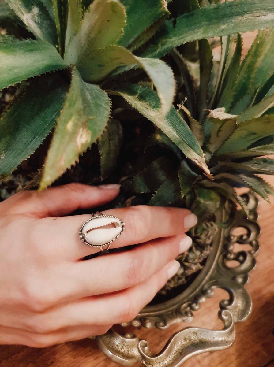 Muschelschmuck im Boho Style Ring Kauri Muschel 925 Silber aus Bali handgefertigt Muschelschmuck