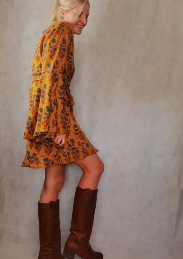 Boho Wickelkleid Kurz Hippie Kleid Trompetenärmel Gelbe Kleider