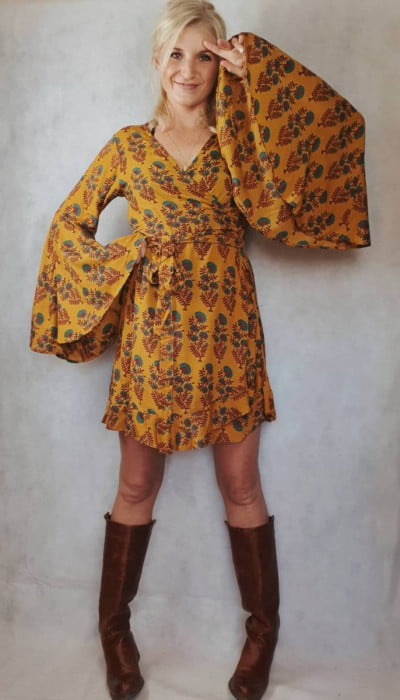 Boho wrap dress short hippie dress trumpet sleeves yellow dresses