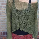 Hippie Pullover Off Shoulder Netz Grobstrick Sommerpullover Oliv-Grün (1)