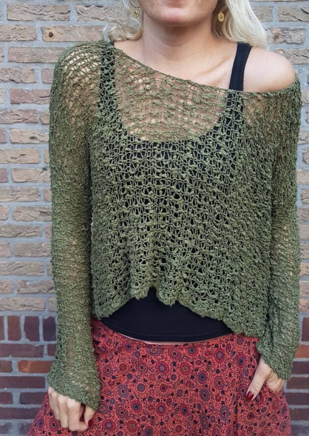 Hippie Pullover Off Shoulder Netz Grobstrick Sommerpullover Oliv-Grün (1)