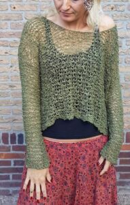 Hippie Pullover Off Shoulder Netz Grobstrick Sommerpullover Oliv-Grün