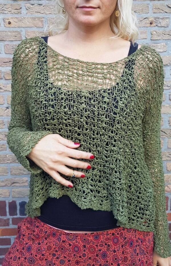 produkt bild Poho Hippie Summer Sweater Olive Army Green Crochet Knit Sweater
