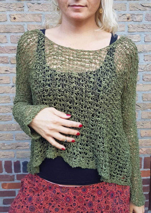 Poho Hippie Summer Sweater Olive Army Green Crochet Knit Sweater