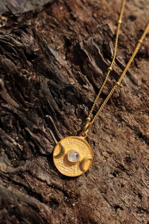 Münz-Halskette vergoldet “Dreifach Mond Göttin” aus 925 Silber