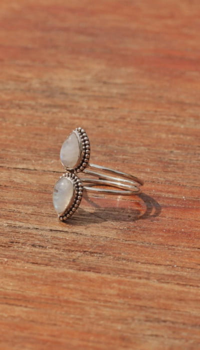 Boho silver ring moonstone hippie style made in Bali teardrop shape