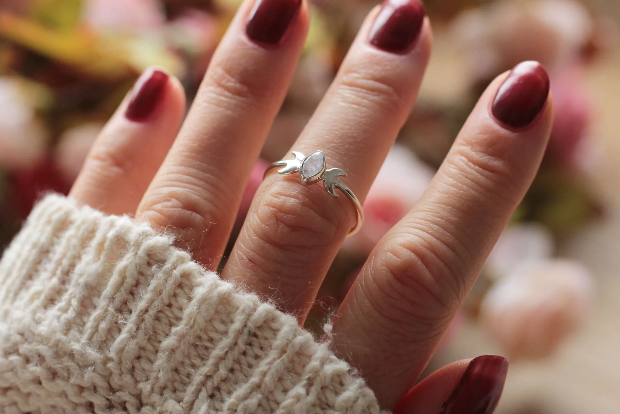 Feiner Mondstein Boho Ring 925 Silber Triple Moon