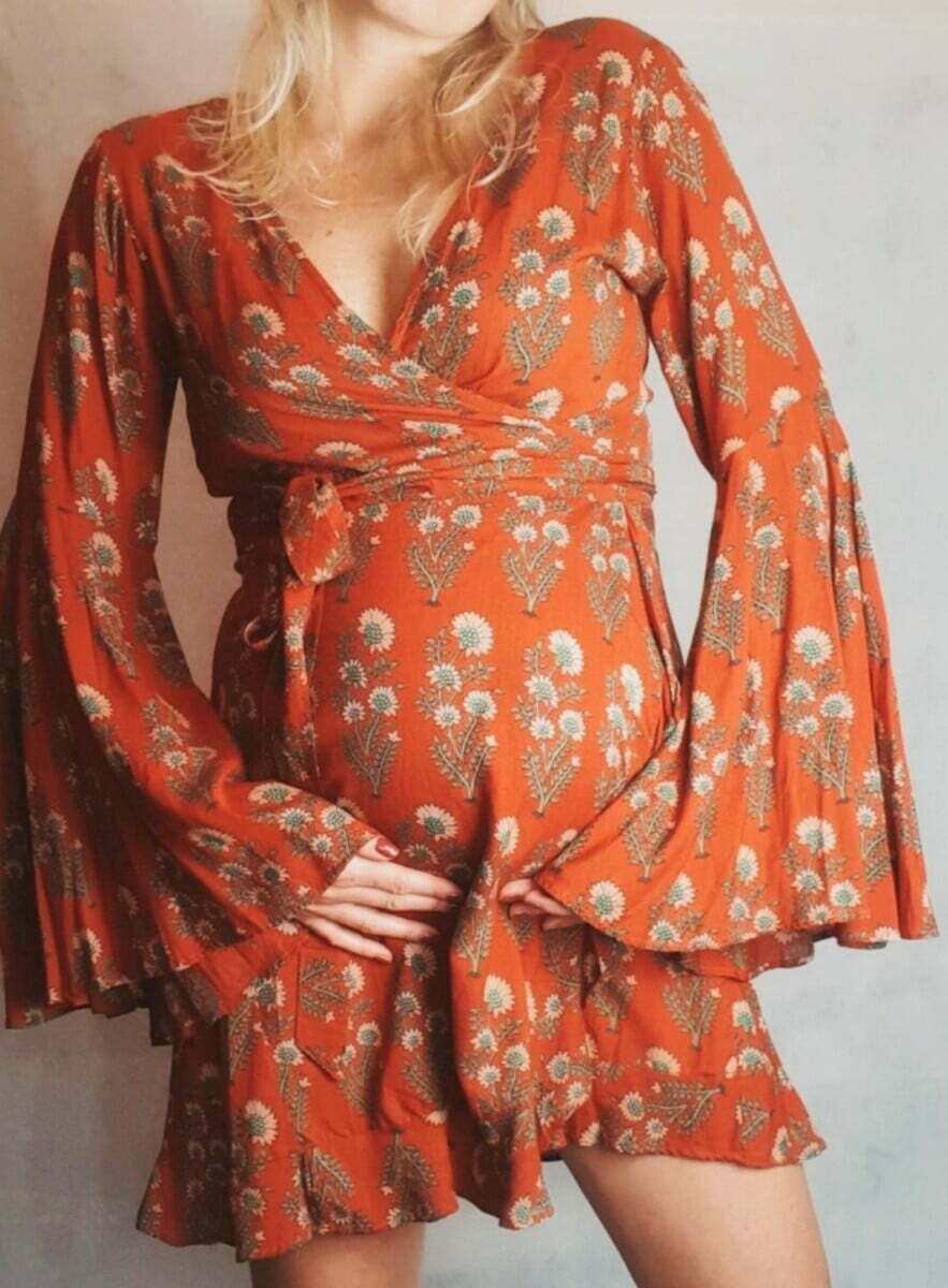 Retro 70er Jahre Hippie Kleid Wickelkleid Glockenärmel Babybauch 