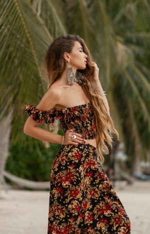 produkt bild Boho Zweiteiler Kleid Maxi Blumenmuster Sommer Ibiza Style