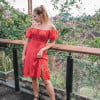 Schulterfreies Lolita Kleid Polka Dot Rot, Boho Sommer Kleid kurz, Mini Kleid Off Shoulder, Strand Kleid Urlaub