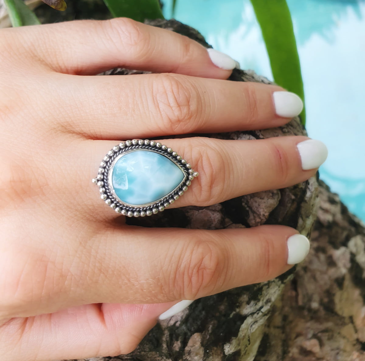 Larimar teardrop Ring Silver - Boho Statement Ring Handmade in Bali