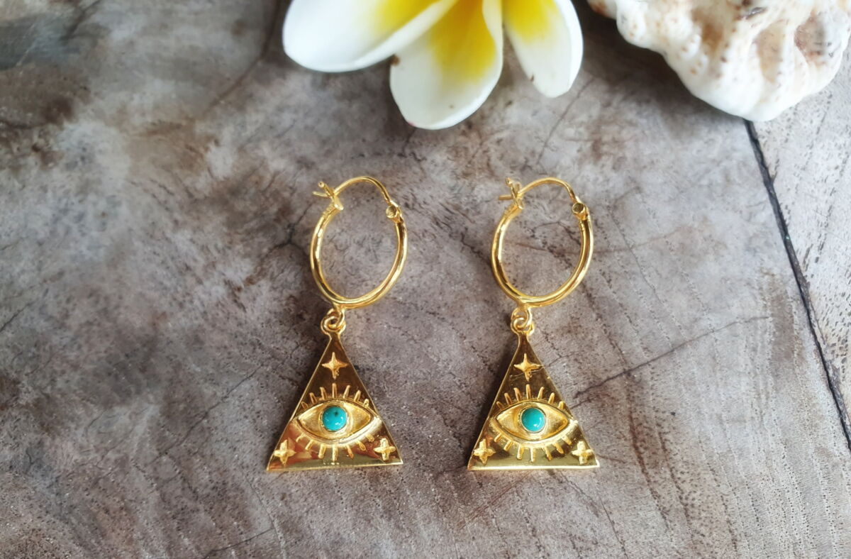 Boho Hippie Ohrringe Dreieck Auge Türkis GOLD Geometrisch Creolen Mini