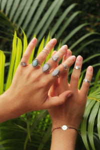 Boho Ringe Edelstein 925 Silber Handgefertigt in Bali Larimar Mondstein Perlmutt