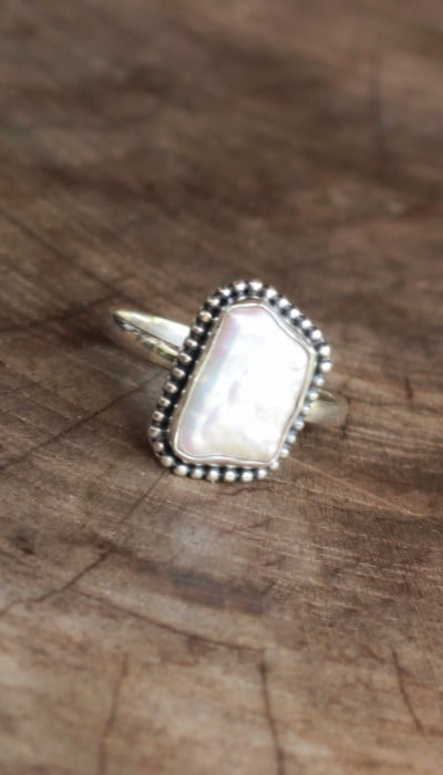 Boho Statement Ring Perlmutt Muschel 925 Silber RAW Mother of Pearls 
