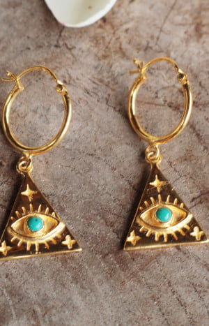 produkt bild Kleine Creolen Ohrringe mit Dreieck Anhänger Mystisches Auge Türkis Edelstein Verolget 925 Silber Pyramide