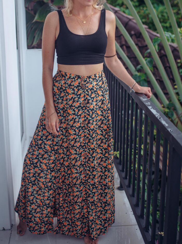 Long floral skirt with button placket and side slits Boho style