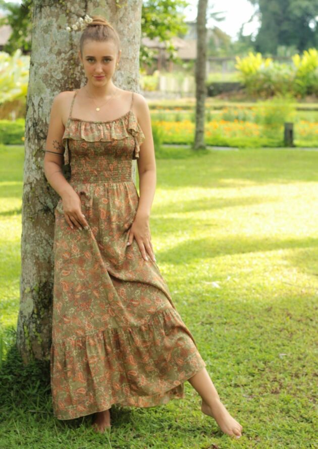 Boho floral strap dress olive “Little Romance”