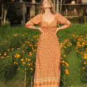 Boho Maxikleid mit Sweetheart Ausschnitt und hohem seitlichen Schlitz Blumenmuster Terrakotta