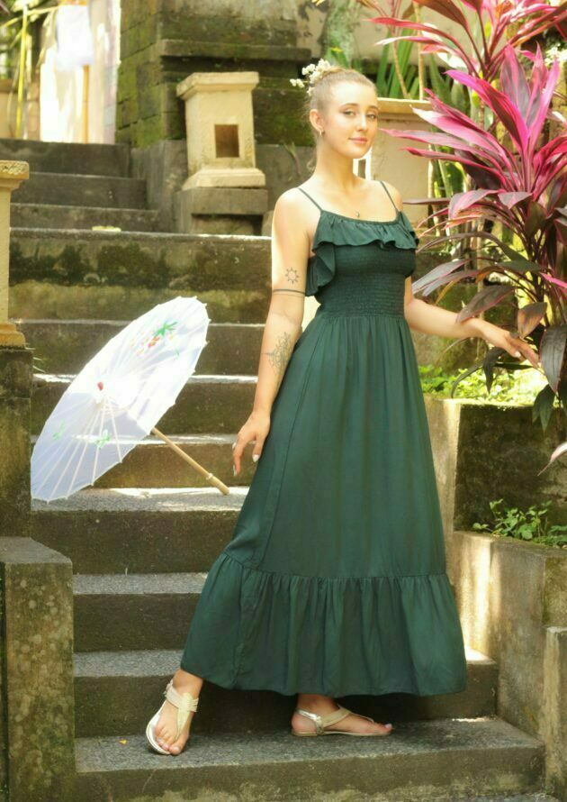 Damen Sommer Kleid Maxi Dunkelgrün Flaschengrün Tannengrün