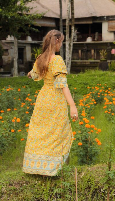 Puff sleeve dress Women's dress long flowers yellow
