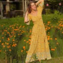 Puff sleeve dress Long prairie flower dress with slit warm yellow