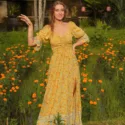 Sweetheart Kleid Gelb mit Blumen 70er Jahre Retro Stil