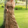 Romantisches-Cottagecore-Sommerkleid-Boho-Chic-Retro-Hippie-Blumen-70er-Maxikleid-Volant-Olivgrün-Blumen