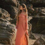 Boho Hippie Kleid Off Shoulder mit Schlitz Musselin Baumwolle Festival Ibiza Style Lachs