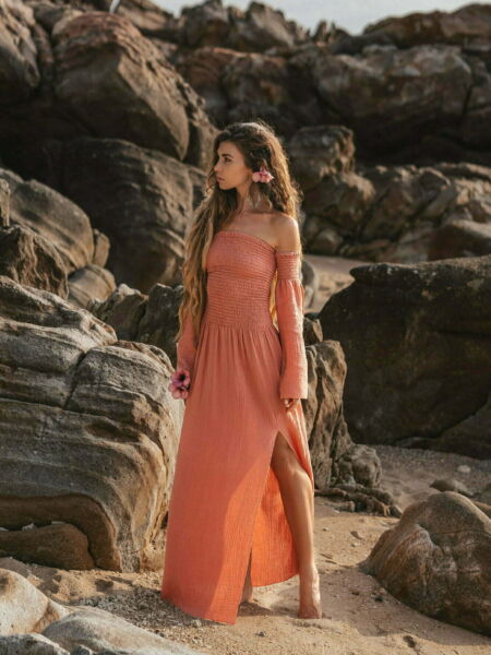 Boho Hippie Kleid Off Shoulder mit Schlitz Musselin Baumwolle Festival Ibiza Style Lachs