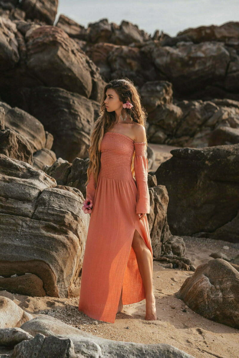 Boho Hippie Kleid Off Shoulder mit Schlitz Musselin Baumwolle Festival Ibiza Style Lachs