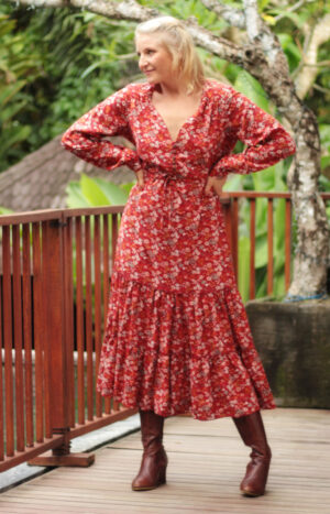 produkt bild Boho Chic Damen Herbst Kleid Langarm Manschettenärmel Volant V-Ausschnitt zum knöpfen Rot Blumenmuster Herbstliches Hippie Kleid 70er Jahre Retro Stil