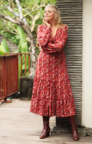 produkt bild Boho Chic Damen Herbst Kleid Langarm Manschettenärmel Volant V-Ausschnitt zum knöpfen Rot Blumenmuster Herbstliches Hippie Kleid 70er Jahre Retro Stil