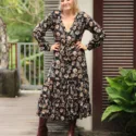 Boho Hippie Chic Kleid halblang Herbst Winter Mode schwarzes Herbstkleid Blumen Bürokleid