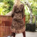 Boho Hippie Retro Vintage Kleid lang braun Blumen Büro Outfit Langarm Kleid