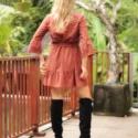 Boho Kleid tailliert kurz Volant Leinen Baumwolle Herbst Terrakotta