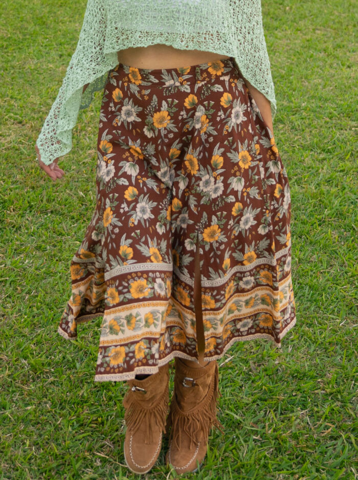 Brown floral boho skirt midi with slits fall winter Weltentanzer