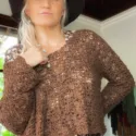 Boho Sweater Netz Off Shoulder Pullover Strickpulli braun Netzshirt Hippie