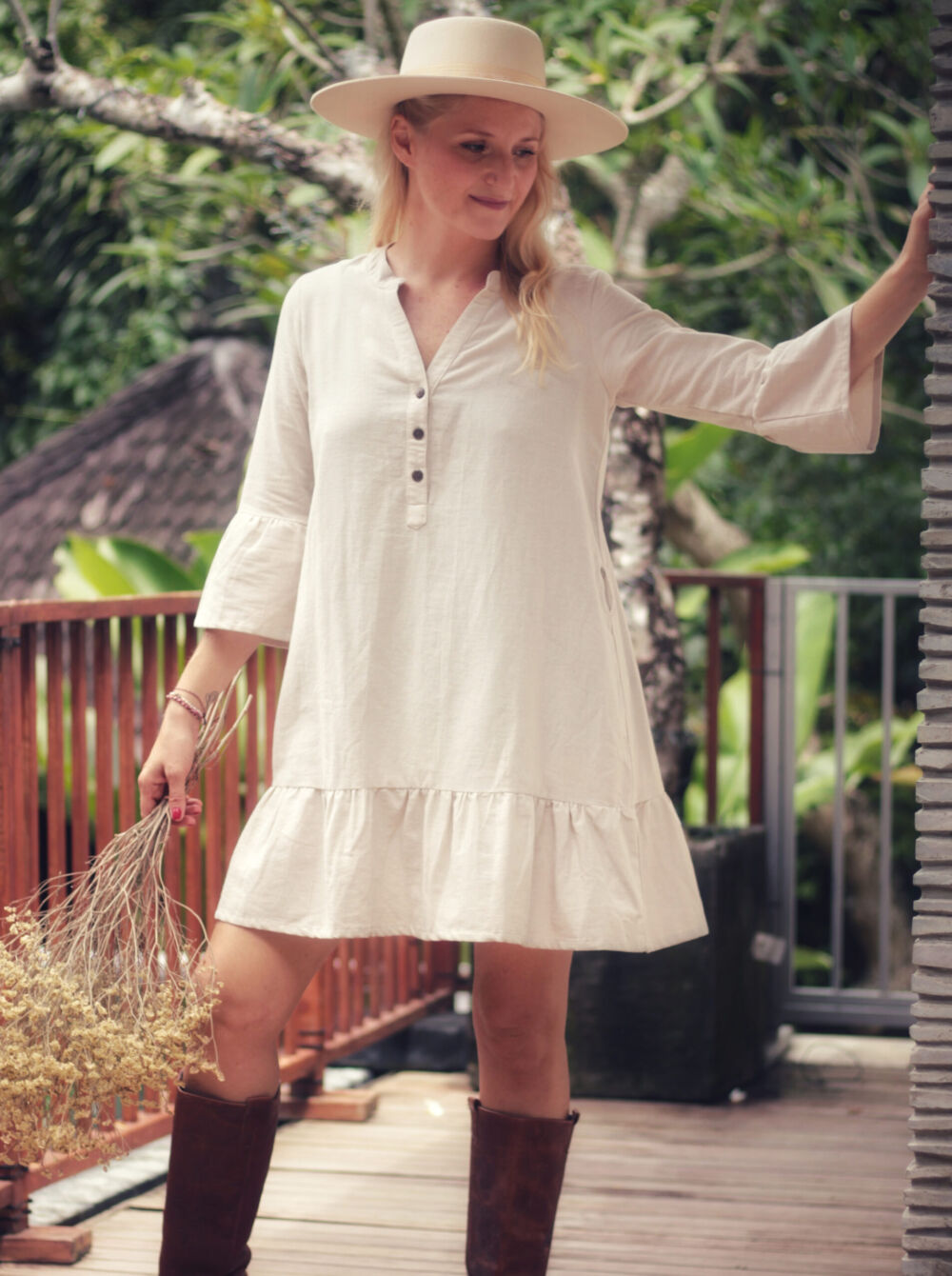 Tunic dress linen natural white for autumn and winter