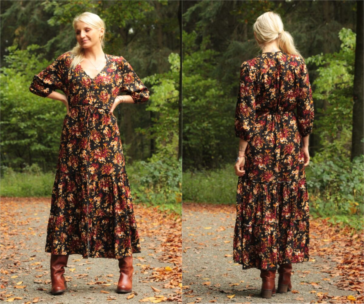 Boho Herbst Kleid Schwarz Blumen Midi Maxi tailliert