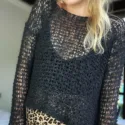 Damen Sweater Netz schwarz mit Kapiuze Hoodie Grobstrick